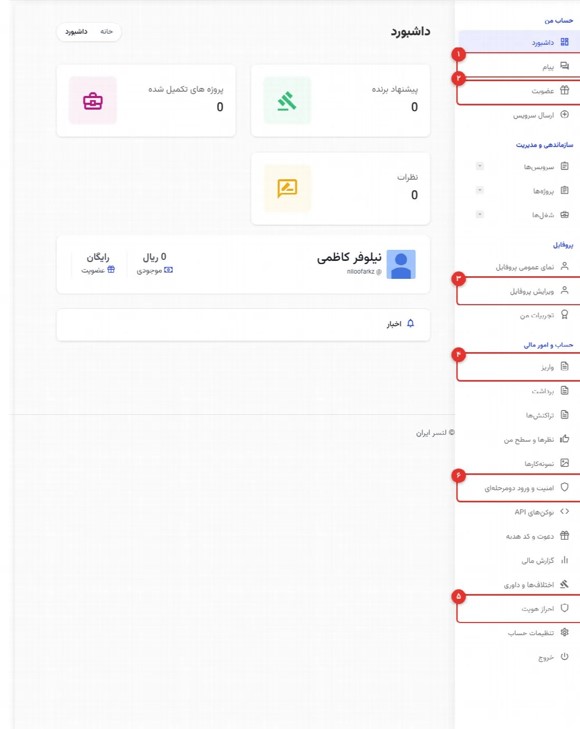 داشبورد یک فریلنسر تازهوارد؛ منوی سمت راست همهٔ بخشها را دارد